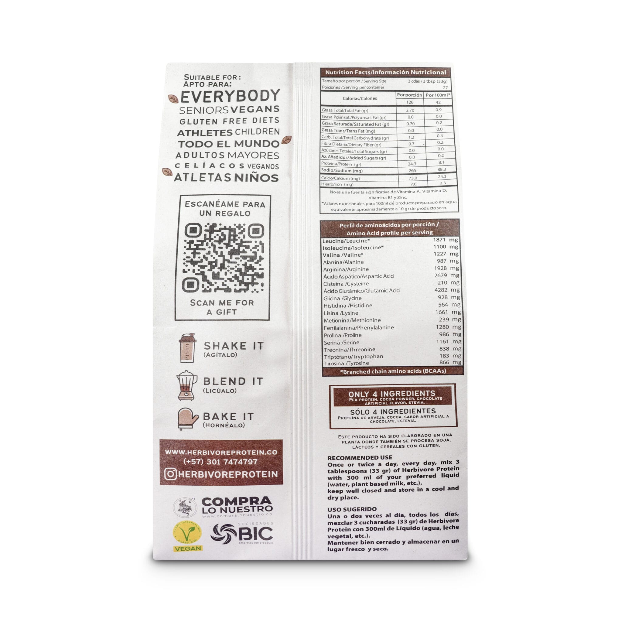 ProteĆna aislada de arveja herbivore protein sabor chocolate