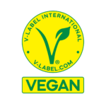 Logotipo v-label amarillo y verde con el texto "v-label international" y "v-label com" encima de una "v" grande con una hoja y la palabra "vegan" debajo
