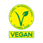 Logotipo v-label amarillo y verde con el texto "v-label international" y "v-label com" encima de una "v" grande con una hoja y la palabra "vegan" debajo